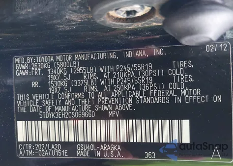 2012 Toyota Highlander Limited V6 z USA, uszkodzony, nr VIN 5TDYK3EH2CS069660